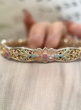 足银999.9描金珐琅莲花宫廷风镂空开口手镯新中式国风礼物