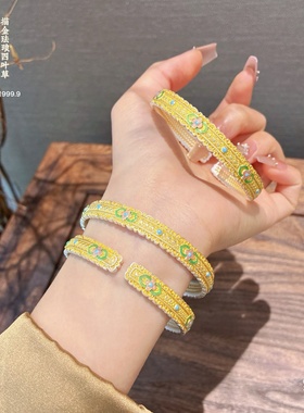 足银999.9描金珐琅如意祥云四叶草开口手镯国潮风轻奢送礼