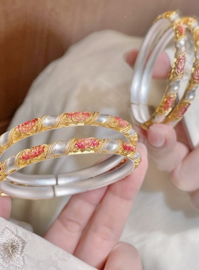 足银999.9描金珐琅彩玫瑰纽带开口手镯国潮风轻奢送女友