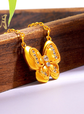 沙金镶钻拉丝花边蝴蝶项链古法镂空磨砂锁骨项圈轻奢百搭吊坠项饰