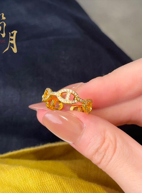 强保色沙金满钻马蹄扣光面镂空猪鼻子戒指镶钻百搭指环开口活口戒