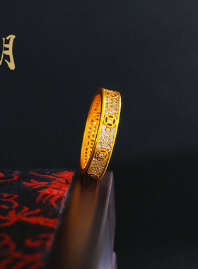 沙金钱币点钻镂空戒指轻奢风复古满天星磨砂指环精工送女朋友手饰