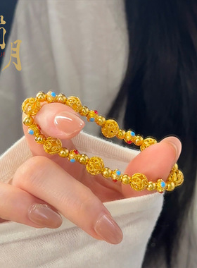 沙金镂空花丝绣球手链女生古法宫廷錾刻珐琅红绿滴油珠珠手串饰品