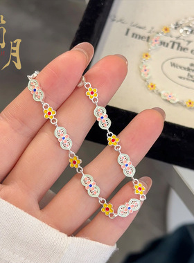 久不掉色彩绘双如意银色手链滴油珐琅彩精致女生手链祥云手串饰品