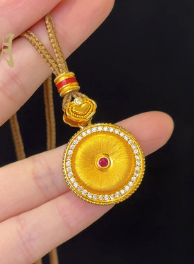 沙金拉丝平安如意镶钻吊坠红心古法点锆福满项链久不掉色女配饰品