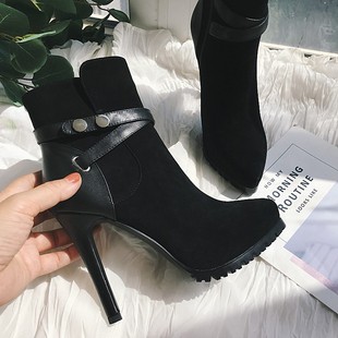 秋冬新款细高跟防水台短靴真皮磨砂恨天高黑色性感厚底女鞋11cm潮