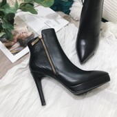 2024新款 11cm 细高跟防水台短靴女头层牛皮短筒靴黑色尖头气质女鞋