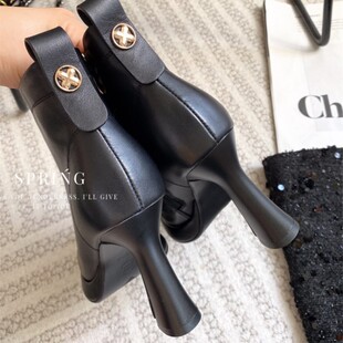 秋冬天防水台女短靴牛皮尖头黑色单靴职业OL女鞋 2024新款 细高跟鞋