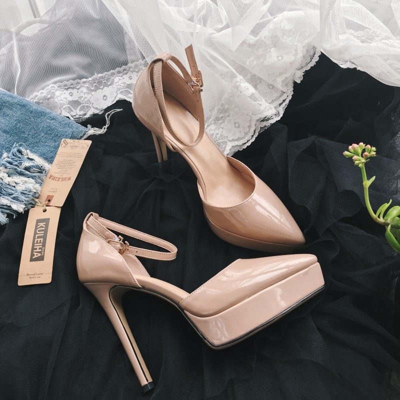 漆皮超高跟防水一字带名媛尖头鞋