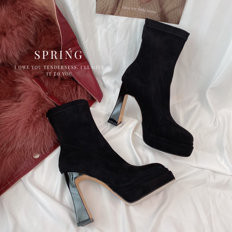 韩系显瘦高跟鞋秋冬短靴弹瘦瘦靴