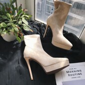 2025秋冬款 细高跟弹力短靴真皮绒尖头防水台瘦瘦靴性感气质女12cm