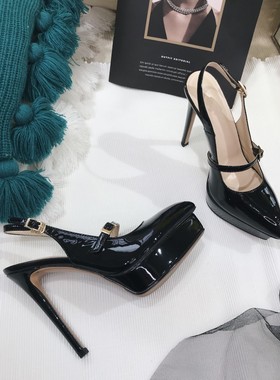 2024新款浅口单鞋牛漆皮真皮超细高跟防水台后空凉鞋尖头鞋女气质