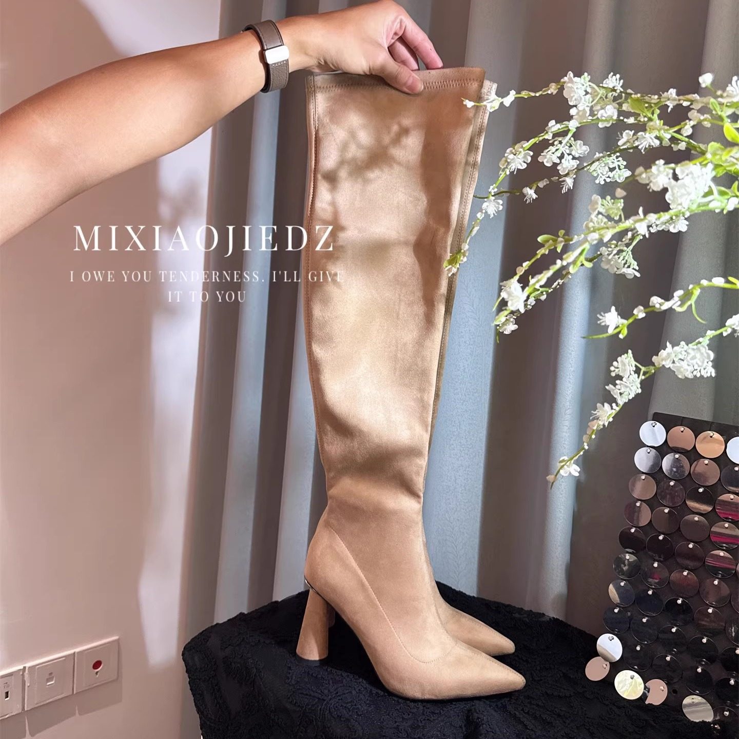 韩系粗高跟鞋秋冬防水台短靴弹力瘦瘦靴纯色小个子尖头气质袜靴女,女鞋,时装靴,淘宝优惠券,粉丝福利购,淘宝优惠卷