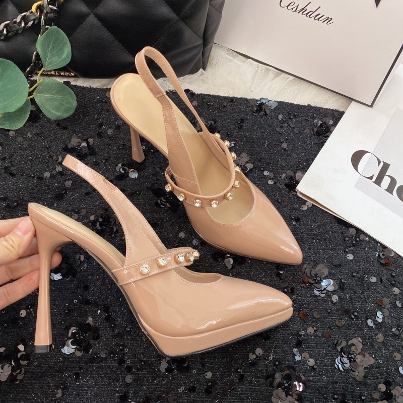 超细高跟水钻凉鞋真皮防水台尖头