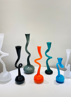 中古扭扭造型摆件花瓶复古造型异形设计感玻璃花器红黑白蓝色ins