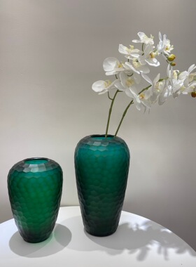 外贸出口手工玻璃摹刻绿色花瓶百合玫瑰花器复古家居软装饰送礼物