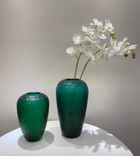 外贸出口手工玻璃摹刻绿色花瓶百合玫瑰花器复古家居软装 饰送礼物