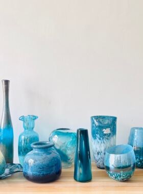 外贸出口手工玻璃花瓶深蓝色系孤品好样品花器