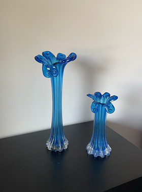 中古玻璃花瓶蓝色摆件客厅插花装饰品复古轻奢高级感家居饰品