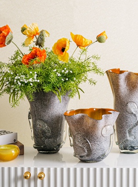 高级大理岩石质感玻璃白菜花瓶复古灰色外贸出口手工花器插花摆件