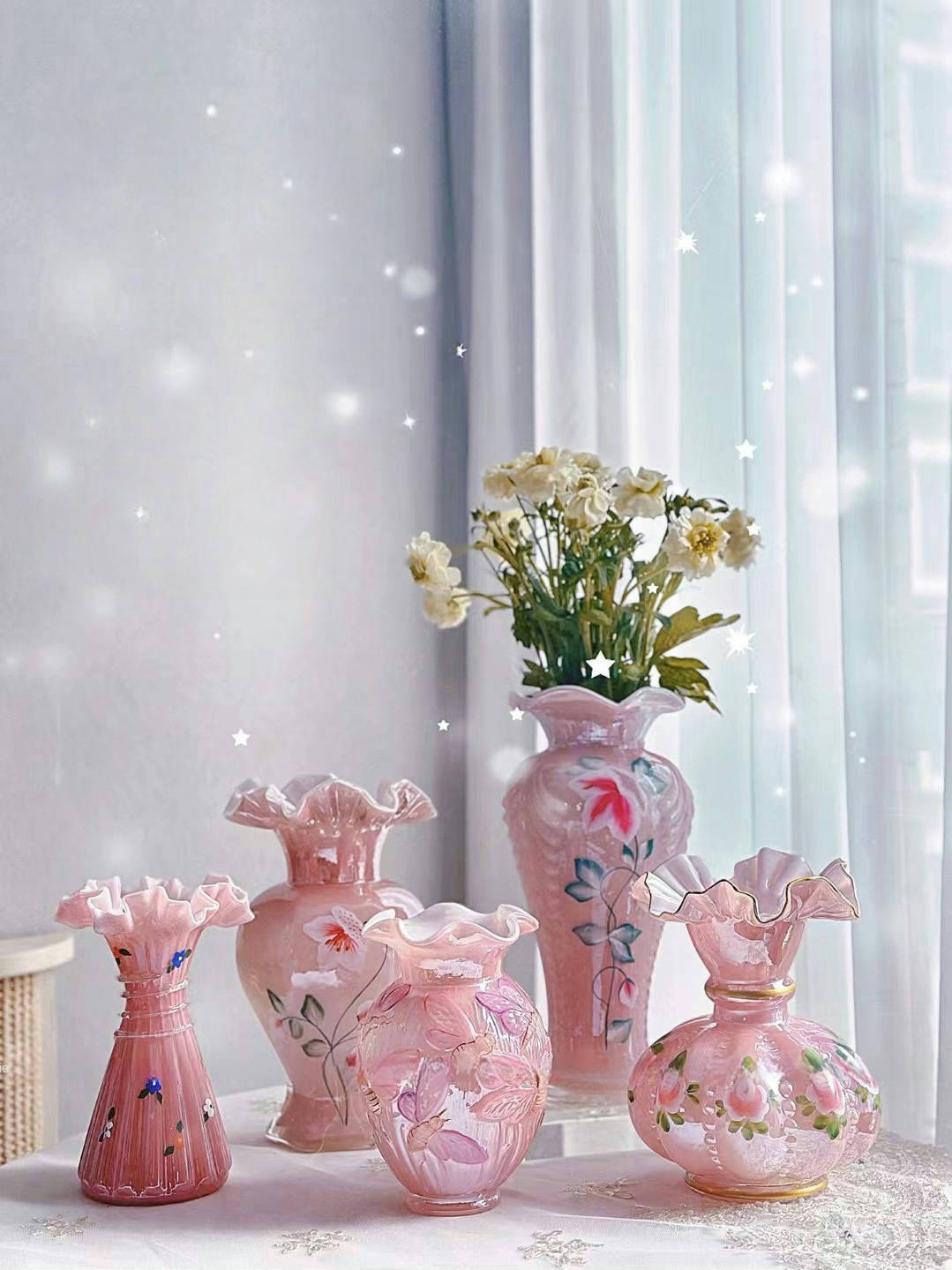 粉色手绘芬顿花瓶手工制作玻璃花器fenton风格装饰品蓝紫样板间