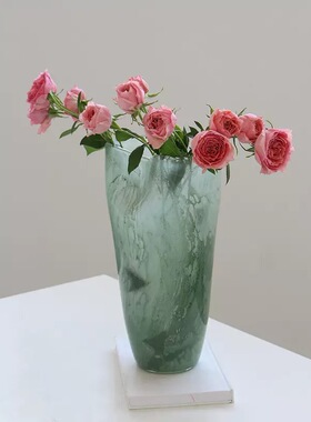 现代简约绿色敞口渐变磁粉玻璃花瓶电视柜餐桌鲜花百合中古风花瓶