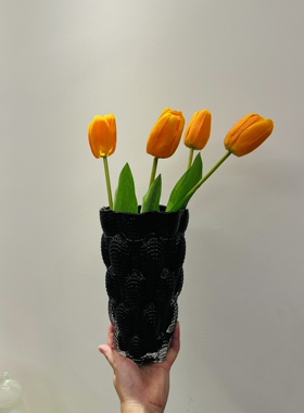 高级感黑色草莓印花瓶外贸出口手工玻璃软装家饰仿真花郁金香