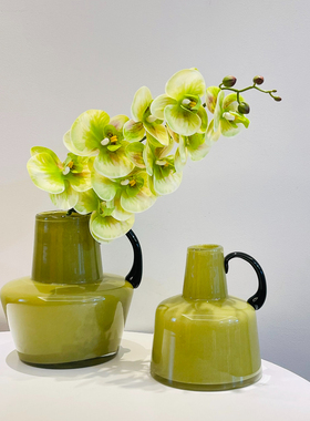 美式复古水壶花瓶ins风中古绿色黑把手家居软装饰品水培摆件花器