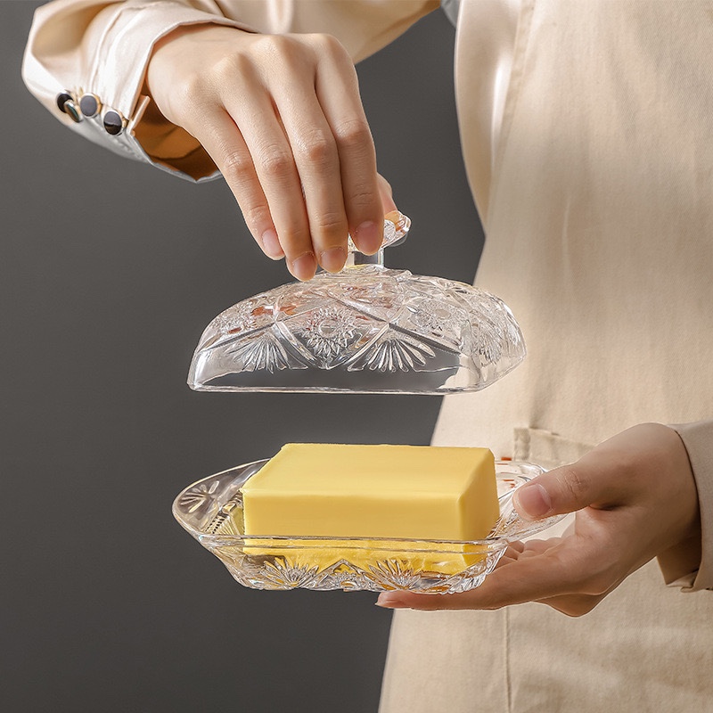 北欧ins浮雕玻璃黄油盘长方形牛油盒防尘带盖奶酪甜品蛋糕托盘h刀 家庭/个人清洁工具 皂盒 原图主图