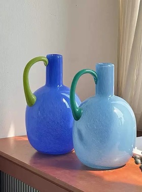 复古蓝色把手花瓶ins风外贸出口手工玻璃花器一级品