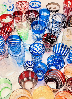 外贸出口手工玻璃日式切子水杯酒杯清酒威士忌杯子polspotten红蓝