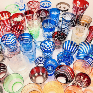 外贸出口手工玻璃日式切子水杯酒杯清酒威士忌杯子polspotten红蓝