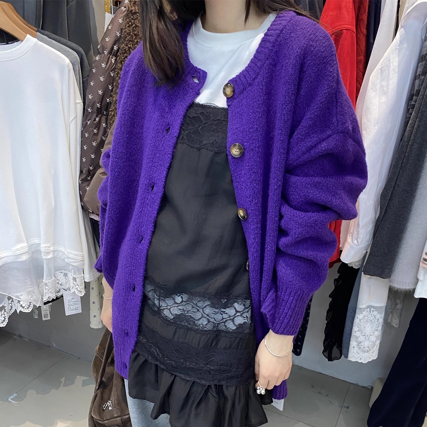 L少女 Doubleseven氛围感简约气质圆领针织开衫女宽松毛衣外套