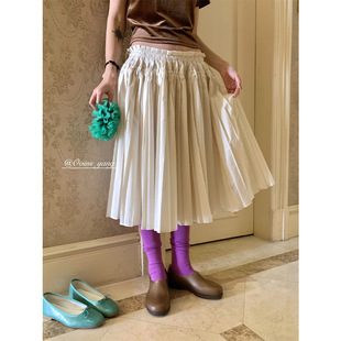 feel 宫廷风 韩系百褶裙氛围感气质杏色中裙子 ovinsyang L少女