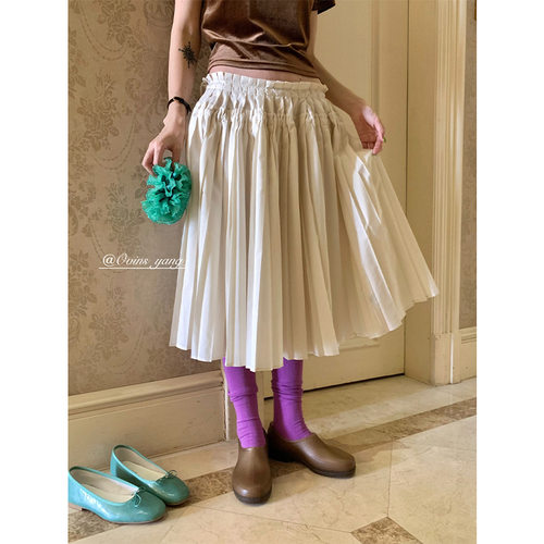 L少女 ovinsyang 宫廷风的feel~ 韩系百褶裙氛围感气质杏色中裙子