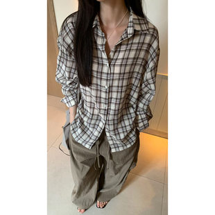 韩系长袖 L少女 女 复古格纹衬衫 宽松慵懒风衬衣38989 Doubleseven
