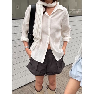女优雅长袖 时髦肌理感褶皱衬衫 衬衣513126 waitmore配丝巾 L少女