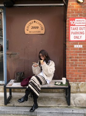 L少女 waitmore 韩国同款拼色条纹毛穗边半身裙羊毛针织裙BW08725