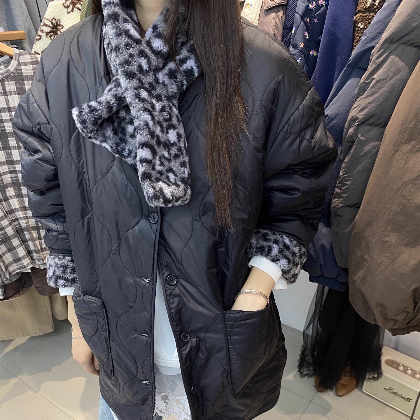 L少女 Tessbrii 时髦豹纹外套 双面穿棉服女拼色宽松棉衣 配围巾