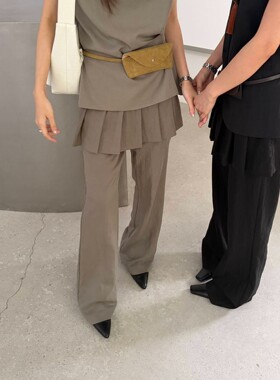 L少女 waitmore薄款长裤 韩系高腰修身显瘦百褶屁帘裤微喇西装裤