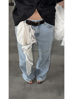 L少女 waitmore复古拉长纵向线条水洗直筒牛仔裤女做旧长裤Z1926