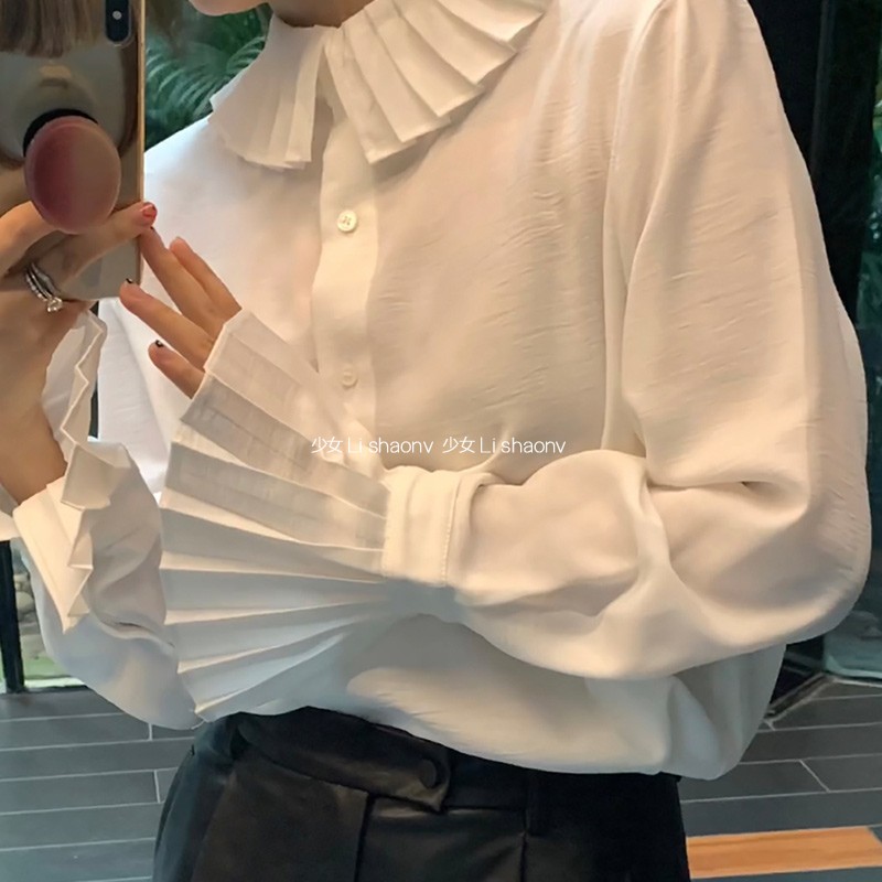 赫本风百褶衬衫减龄内搭白衬衣