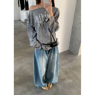 L少女 Tessbrii休闲慵懒风水洗牛仔裤子 宽松高腰阔腿裤女39176