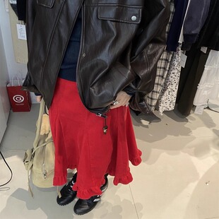 L少女 Tessbrii 复古秋冬木耳边灯芯绒半身裙气质高腰鱼尾中裙子