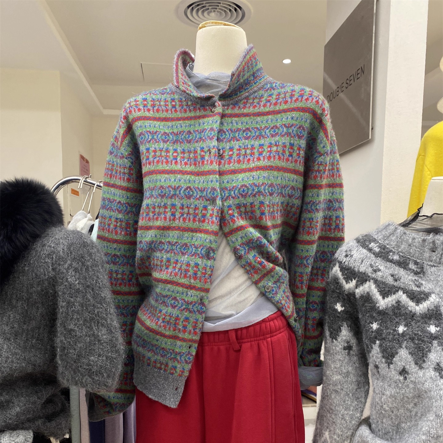 L少女 Doubleseven复古秋冬 提花撞色翻领针织开衫毛衣女百搭外套