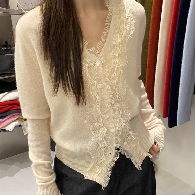 L少女 Doubleseven新款全羊毛蕾丝花边简约针织开衫慵懒感外套女,女装/女士精品,毛针织衫,淘宝优惠券,粉丝福利购,淘宝优惠卷