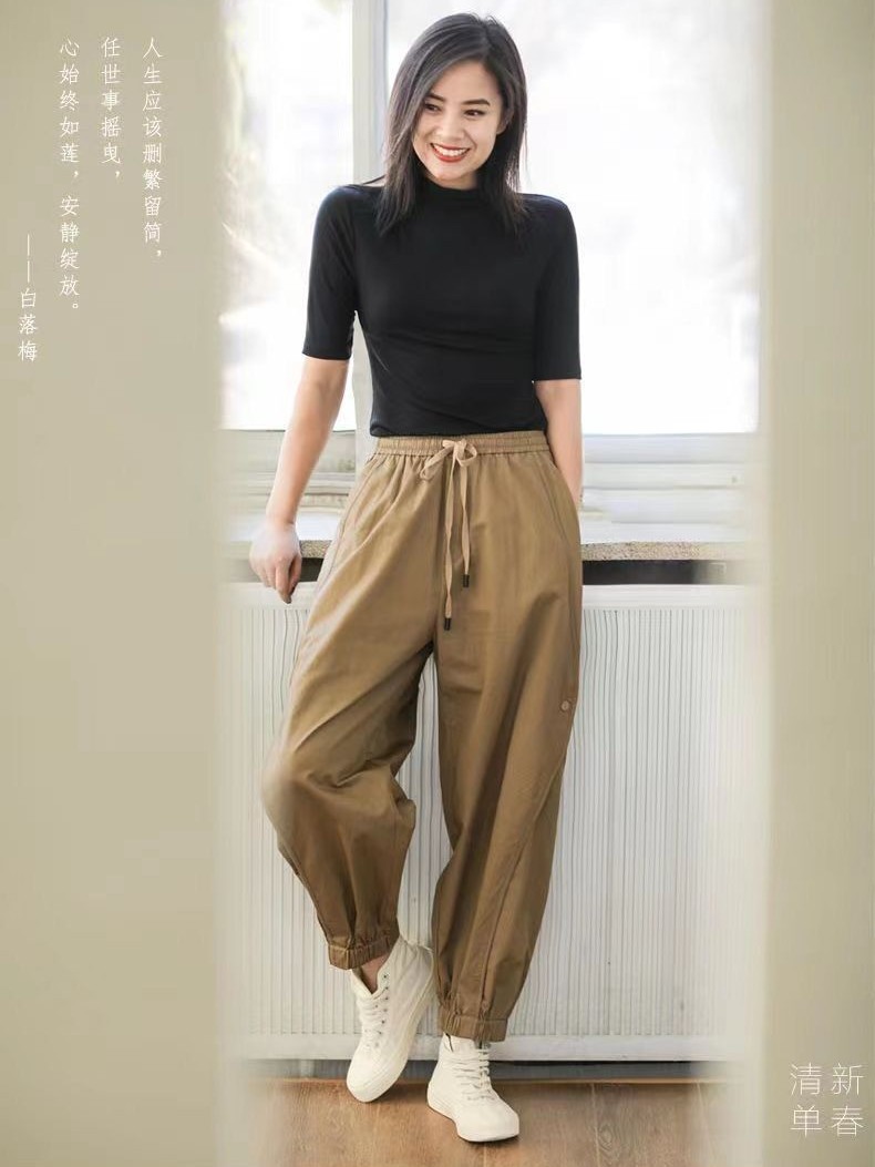 美式工装裤女秋冬款加绒高腰显瘦小个子宽松百搭ins潮休闲束脚裤