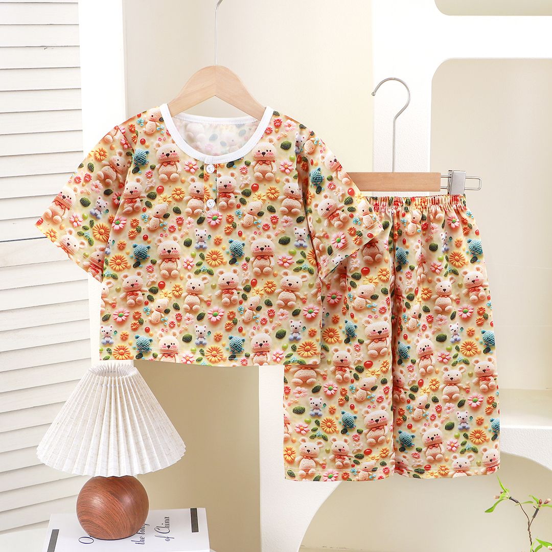 {5D立体感}7分袖套装男女中童时尚睡衣2件套夏季薄款透气家居服