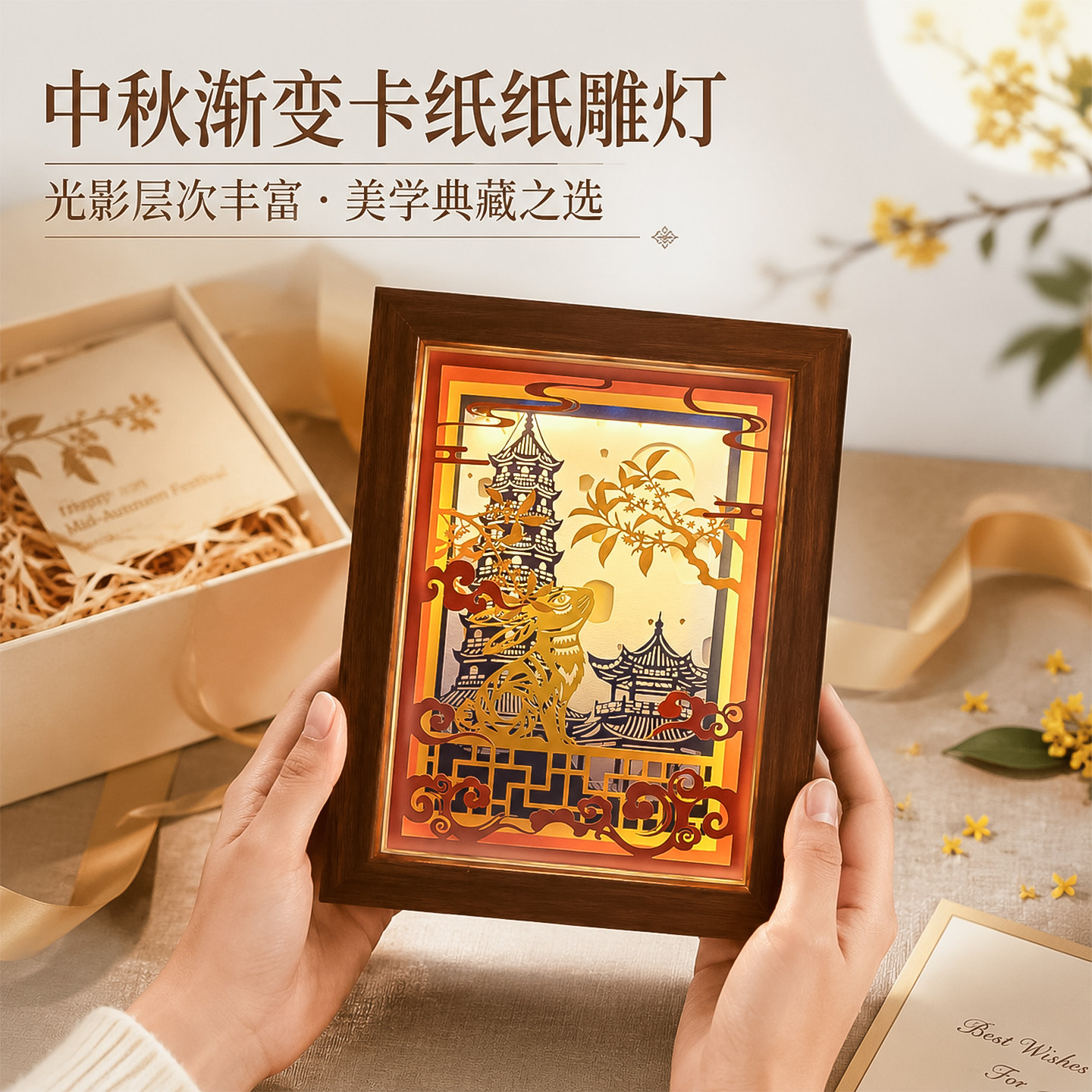 中秋纸雕灯3D立体光影小夜灯国风玉兔桌面摆件创意礼物伴手礼品图片