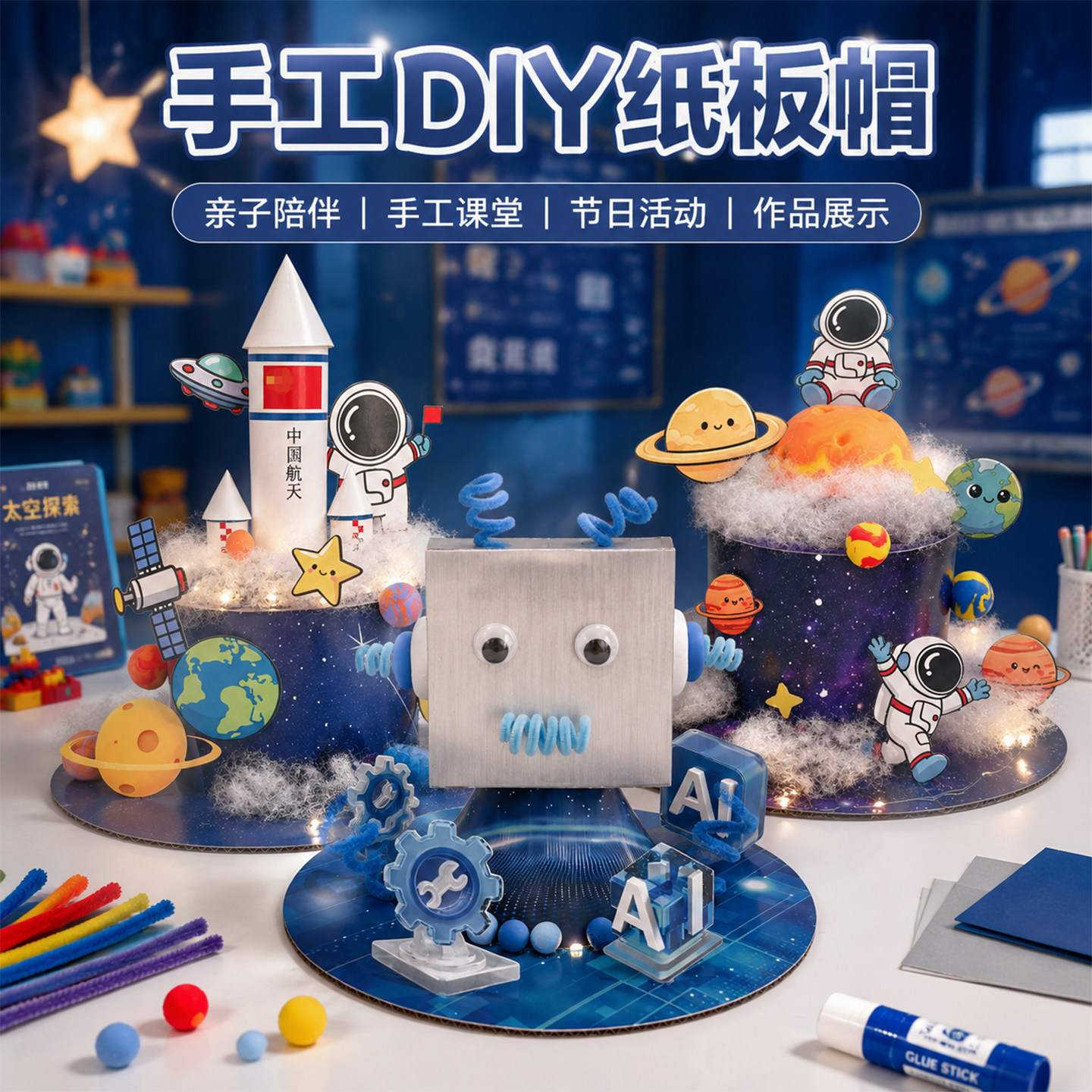 儿童手工diy航天主题太空宇宙纸板帽机器人火箭小学生科学材料包图片